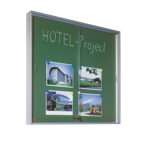 Produkt Bild Wandvitrine IA mit Schiebet&uuml;r aus Sicherheitsglas und gr&uuml;ner R&uuml;ckwand 