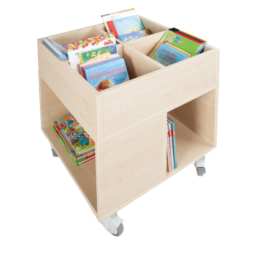 Produkt Bild Bücherkiste CuBe, 4 Fächern auf der Oberseite, 4 Fächer seitlich, fahrbar BTFE-LF